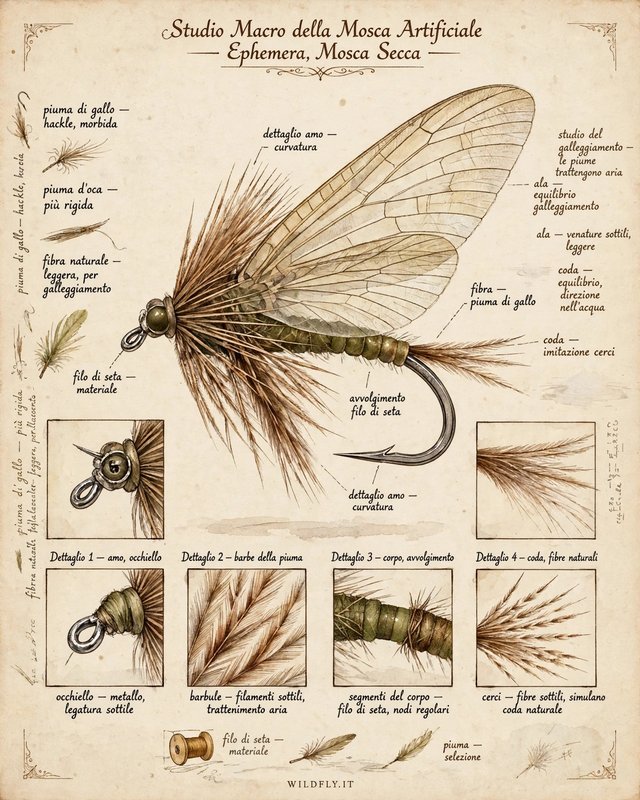 Studio macro della Moscha Artificiale Ephemera - Mosca Secca