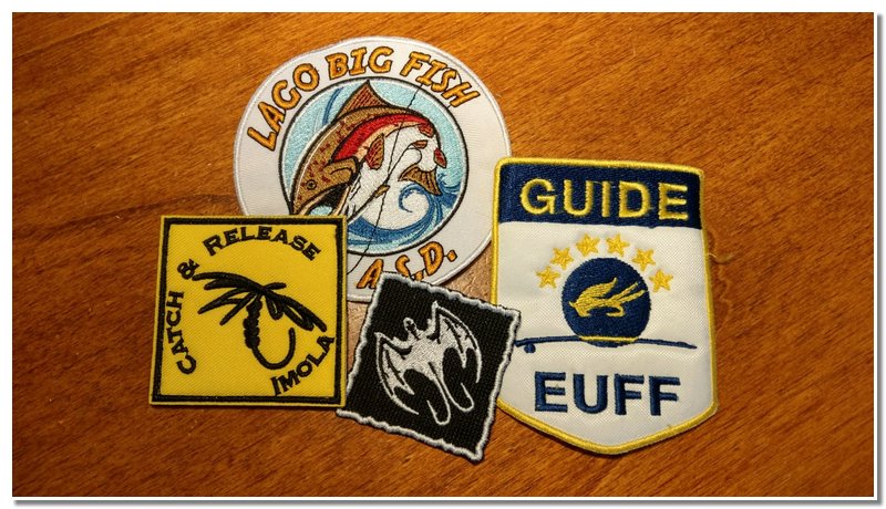 Queste sono le patch da Istruttore di pesca wildfly.it, membro Catch & Release Imola, Istruttore di pesca ASD Big Fish  Bologna, Istruttore e Guida di pesca European Union of Fly Fishers